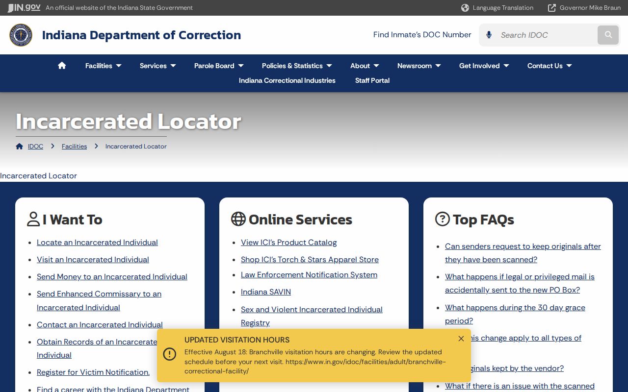 Brownsburg resident lookup through the Indiana DOC locator